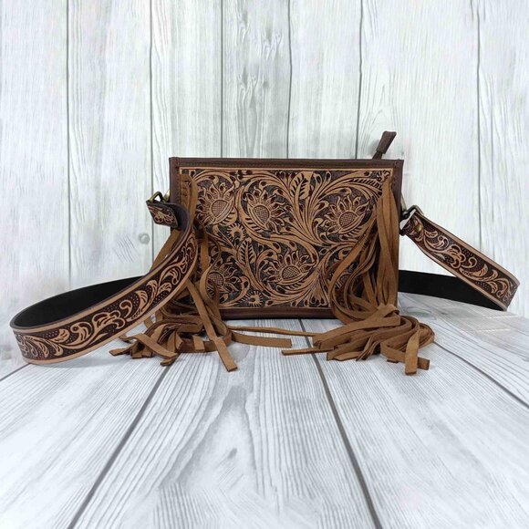Western Leather Bag – Tooled Cowhide Crossbody, Shoulder Tote Purse with Fringes - Picture 9 of 10